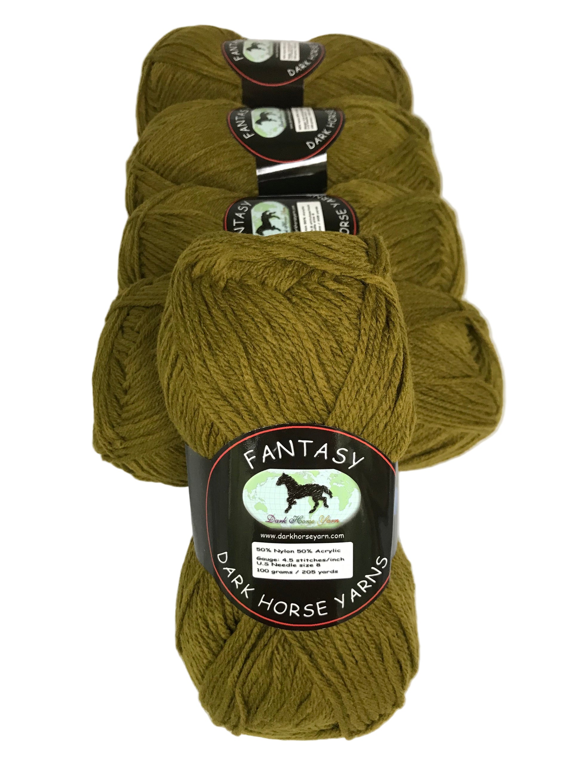 Four skeins of green yarn with labels on a white background