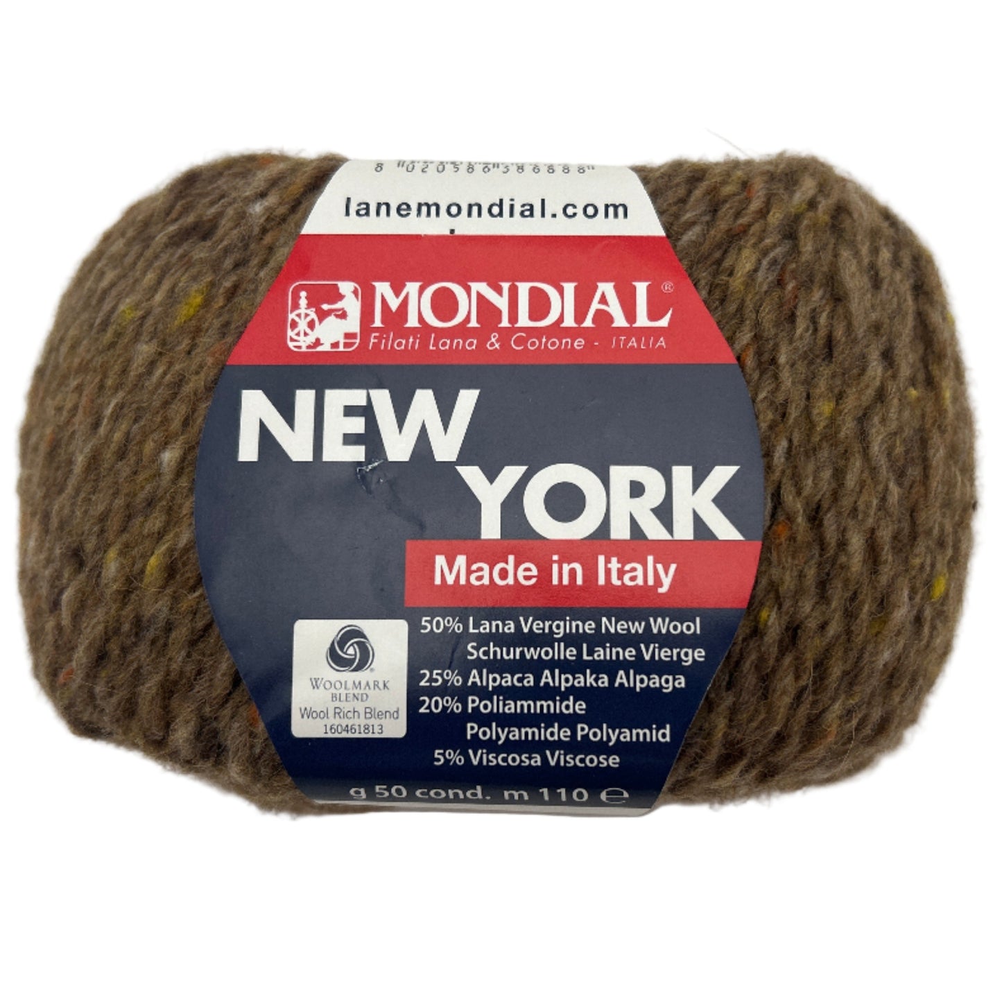 Brown yarn ball with Mondial label on a white background