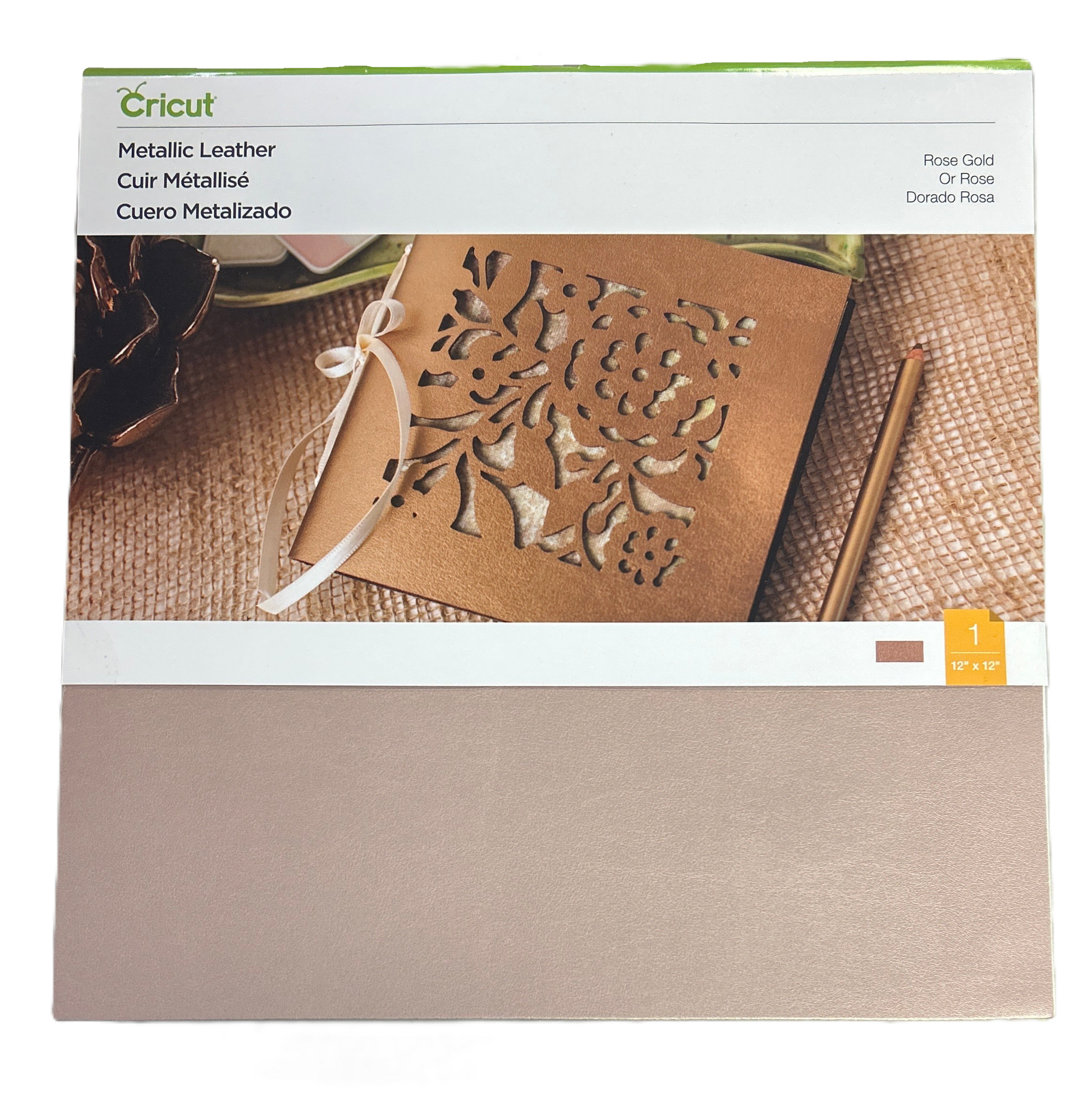 Cricut metallic leather sheet with decorative cutout on packaging