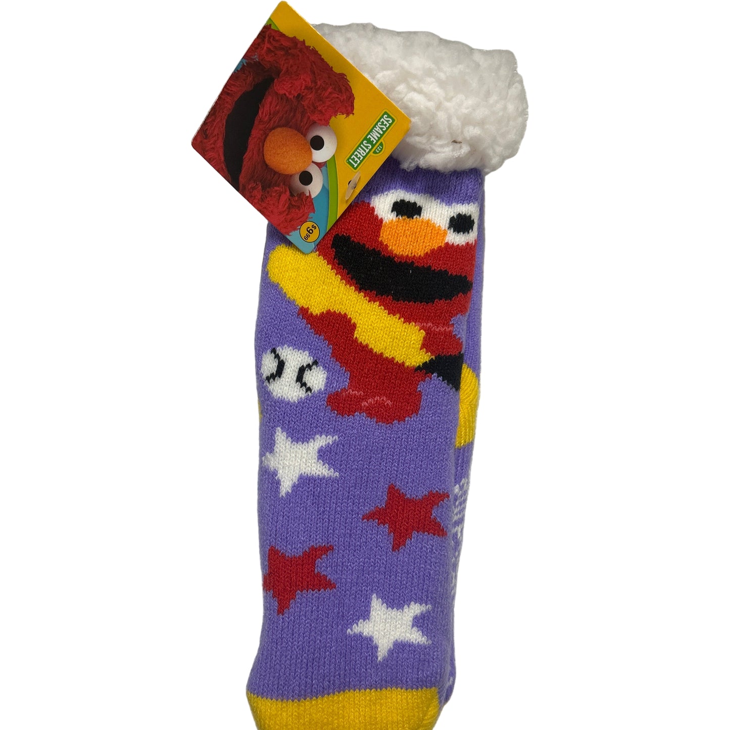 Colorful sock with cartoon character design on a white surface