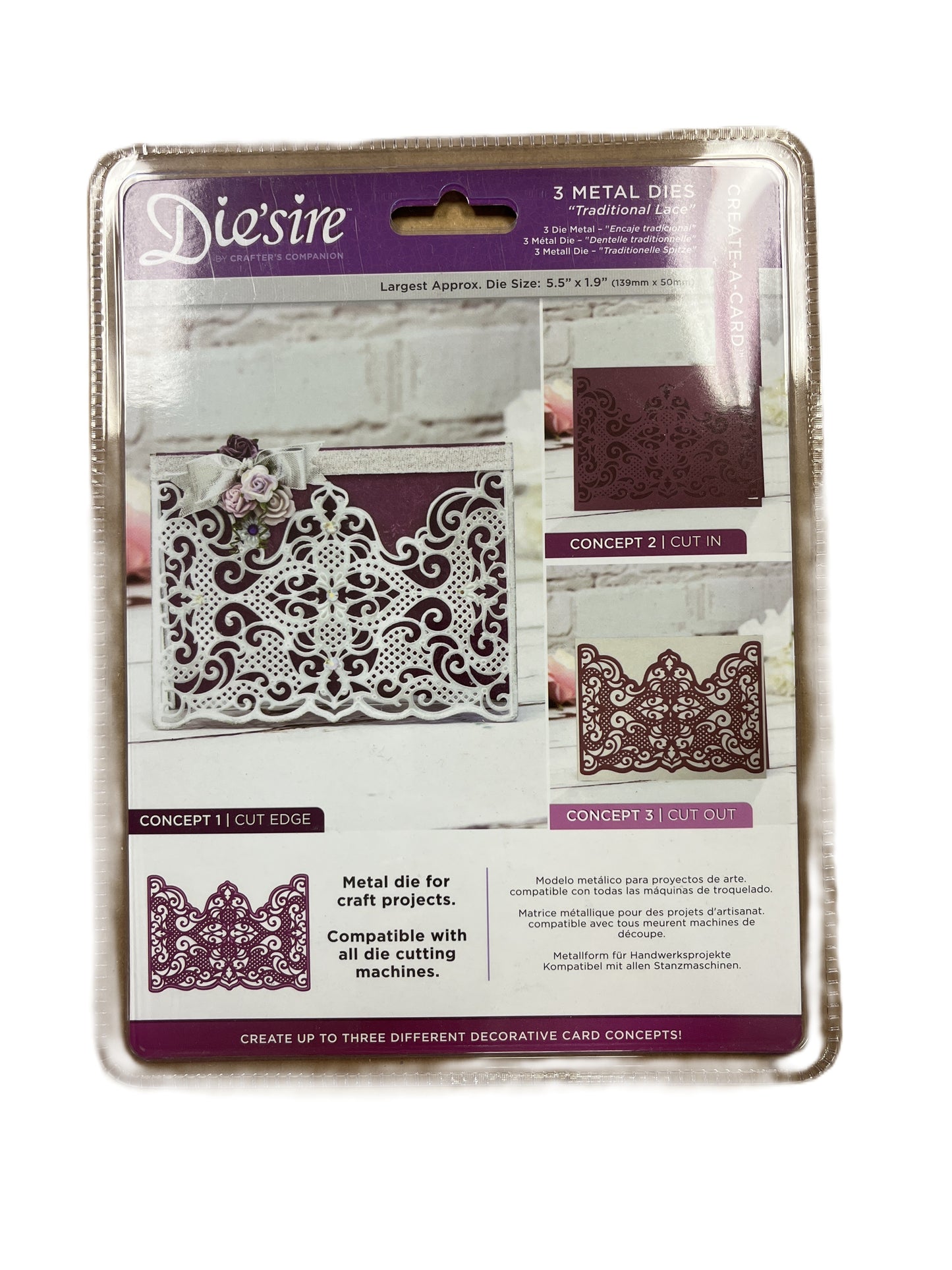 Packaged Die'sire metal dies with decorative patterns on a white background