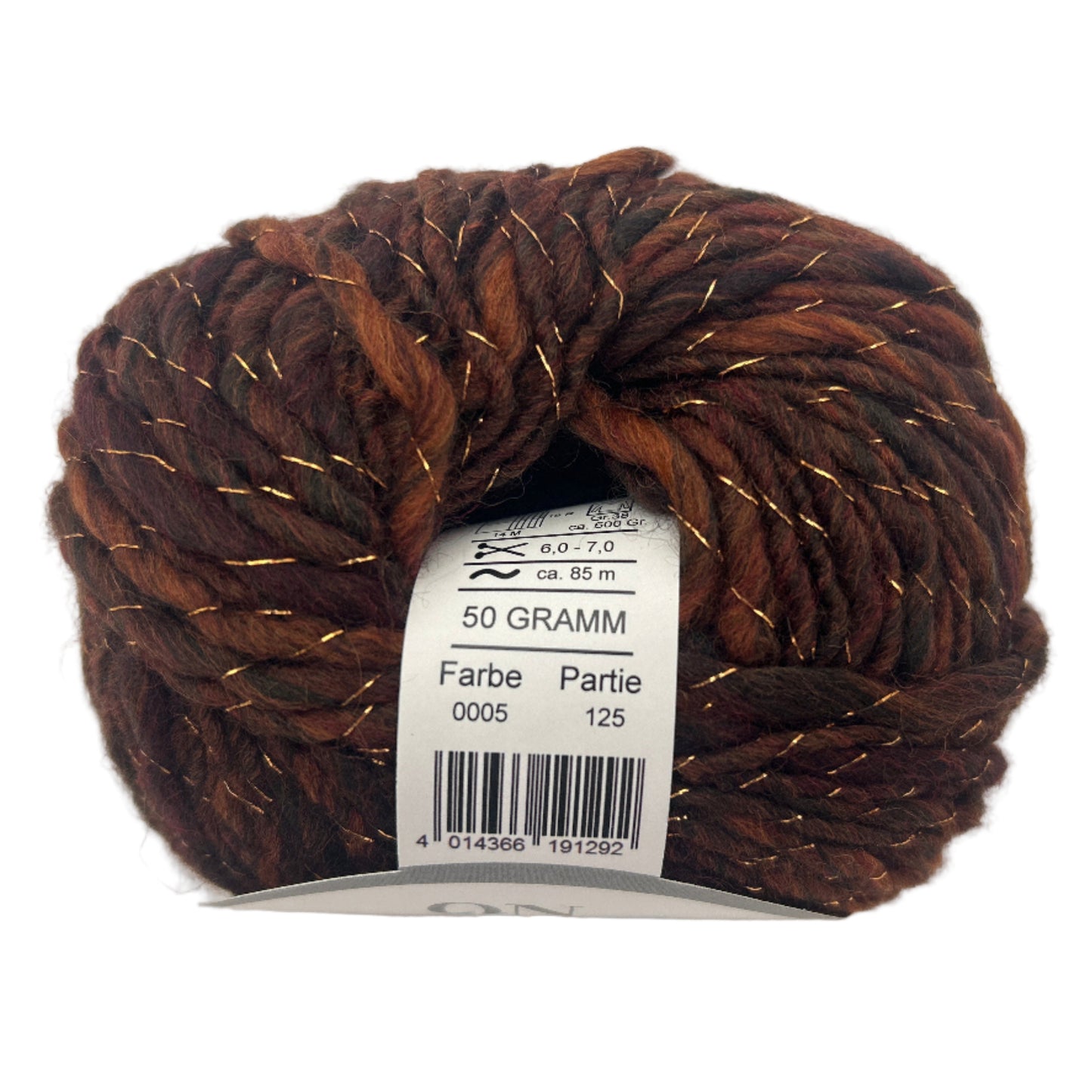 Ball of brown yarn with a label on a white background