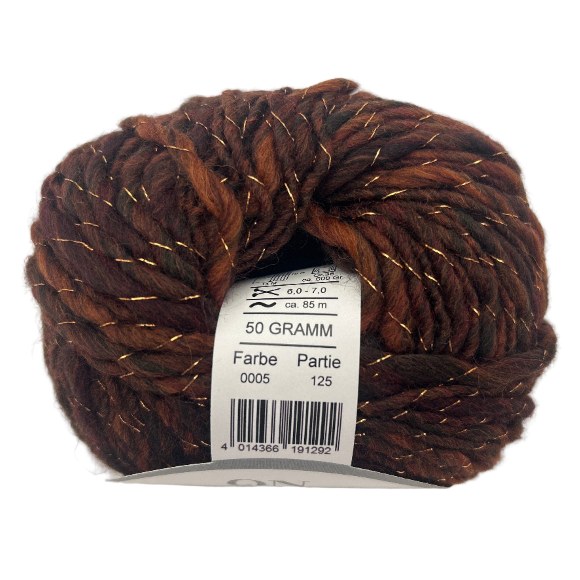 Ball of brown yarn with a label on a white background