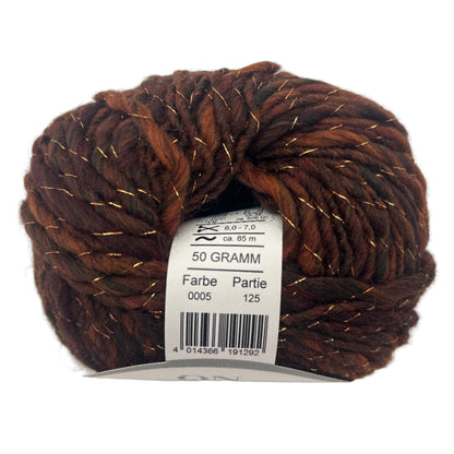 Ball of brown yarn with a label on a white background