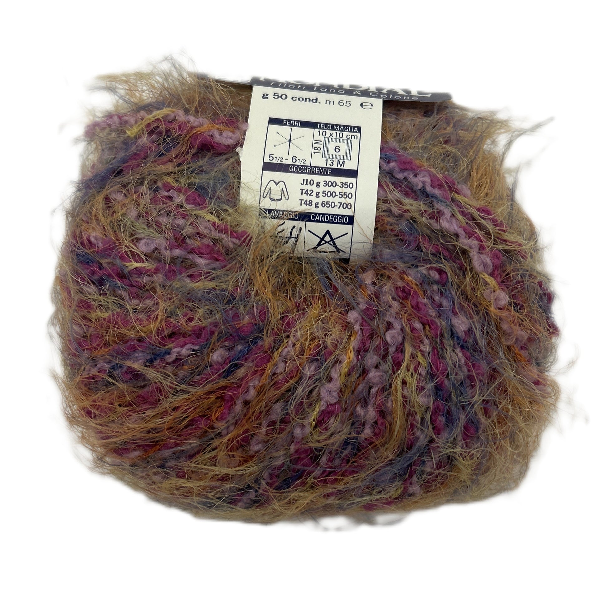 Multicolored yarn ball with a label on a white background