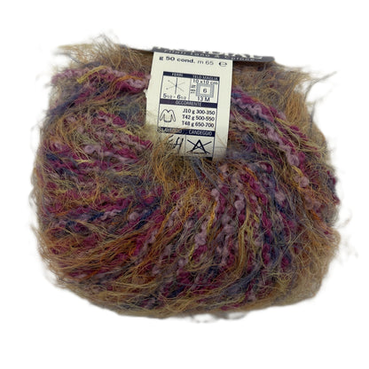 Multicolored yarn ball with a label on a white background
