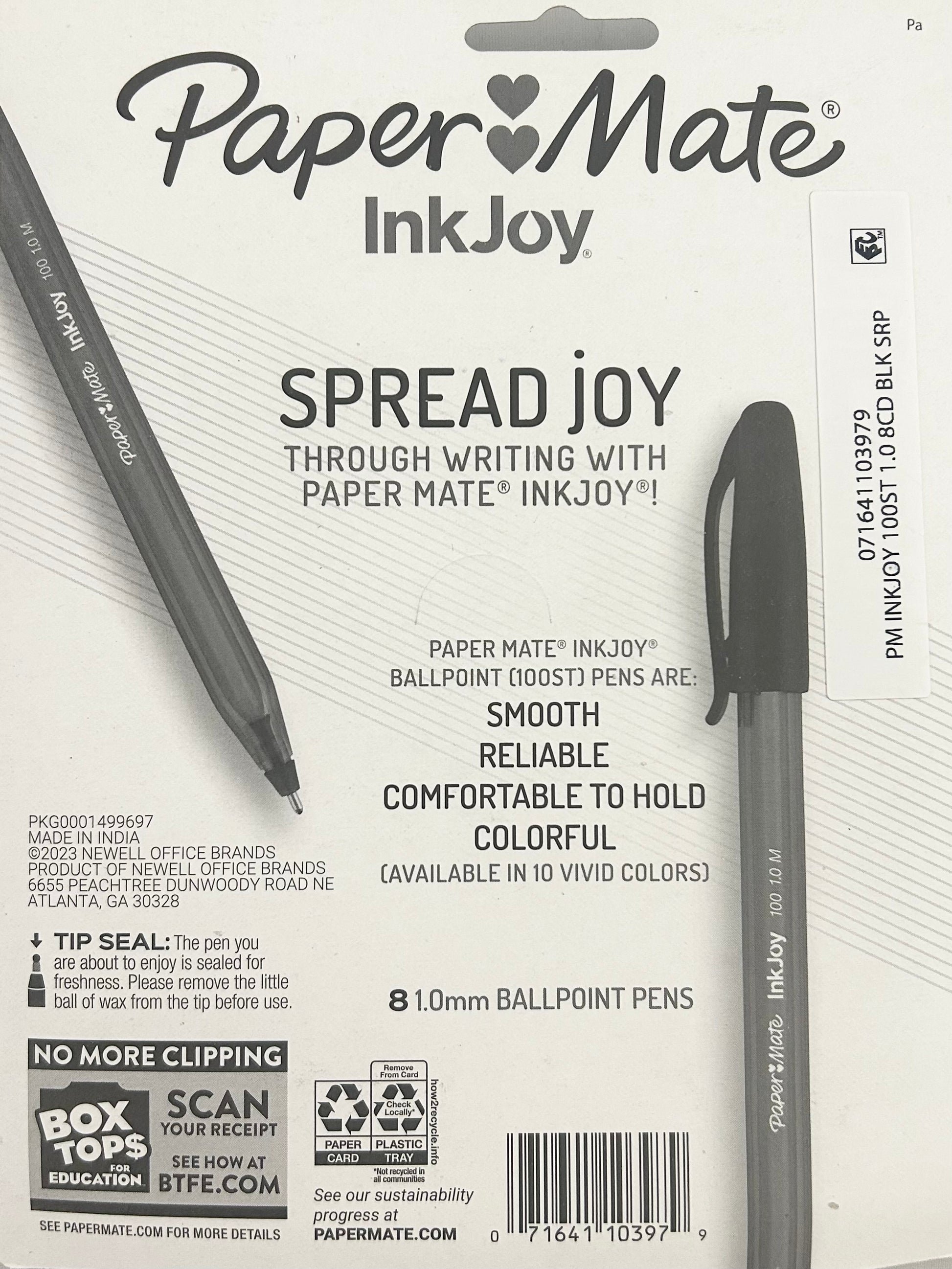 Paper Mate InkJoy ballpoint pen packaging with pen illustration on a white background