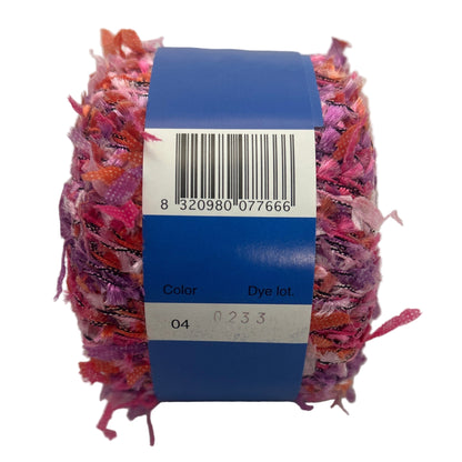 Multicolored yarn ball with a blue label on a white background