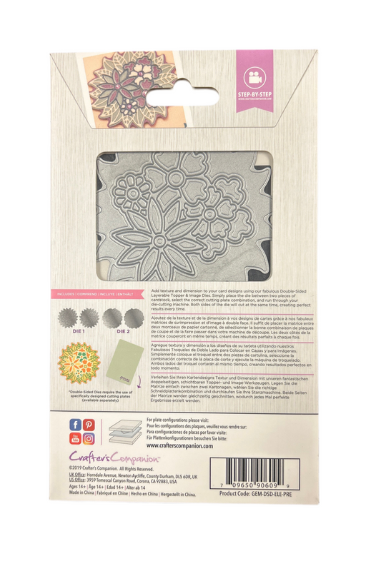 Floral metal die set on packaging with brand logo