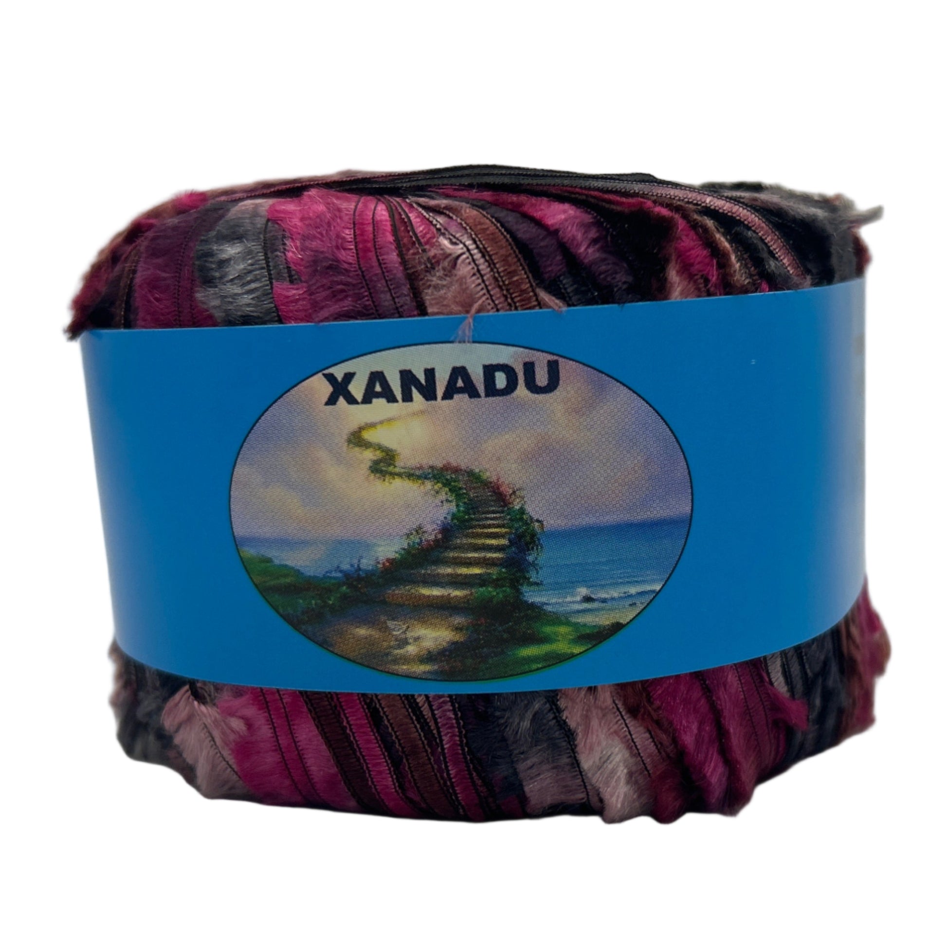 Multicolored yarn ball with a blue Xanadu label on a white background