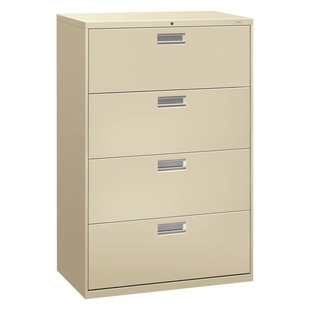 Beige four-drawer filing cabinet on a white background