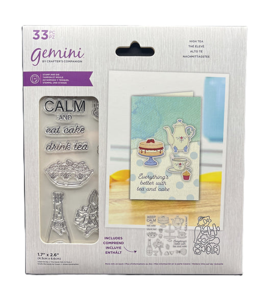 Packaging of Gemini by Crafter's Companion stamp set with card example on a white background