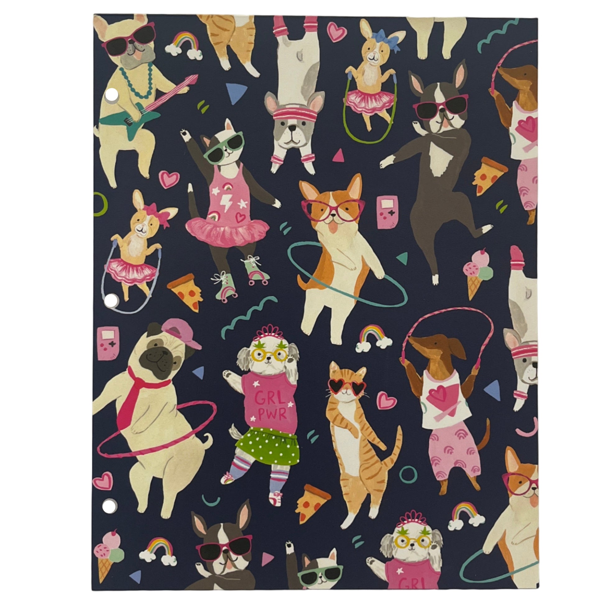Pattern of anthropomorphic cats in various poses and outfits on a dark blue background.