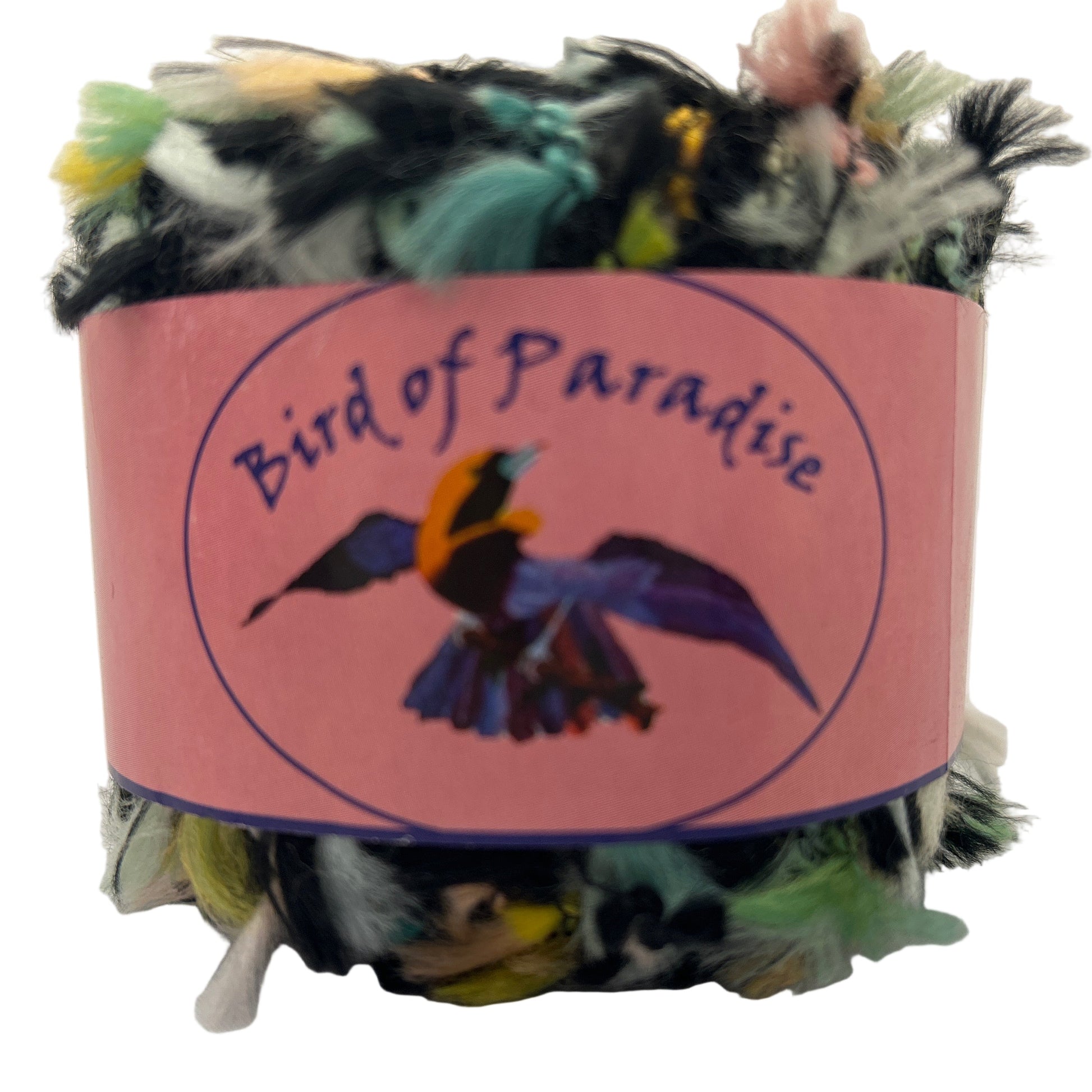Bird of Paradise toy with colorful feathers and a pink label on a white background