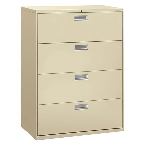 Beige four-drawer filing cabinet on a white background