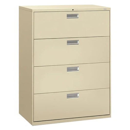 Beige four-drawer filing cabinet on a white background