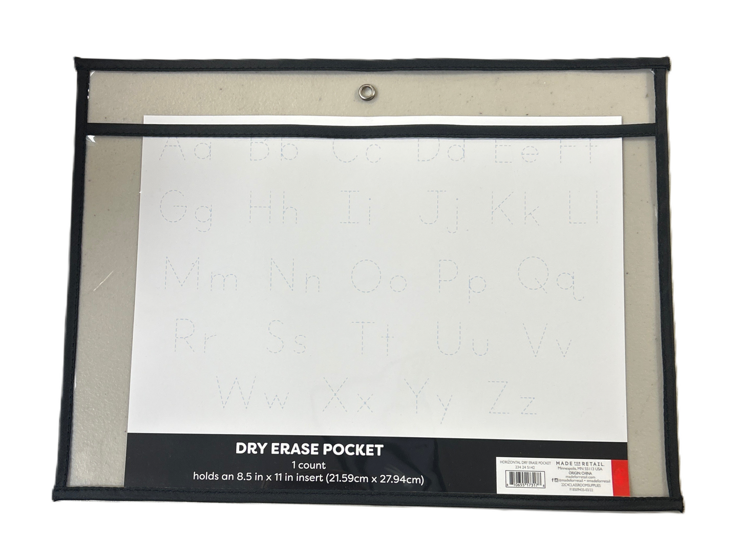 Dry erase pocket with a white sheet inside, on a white background