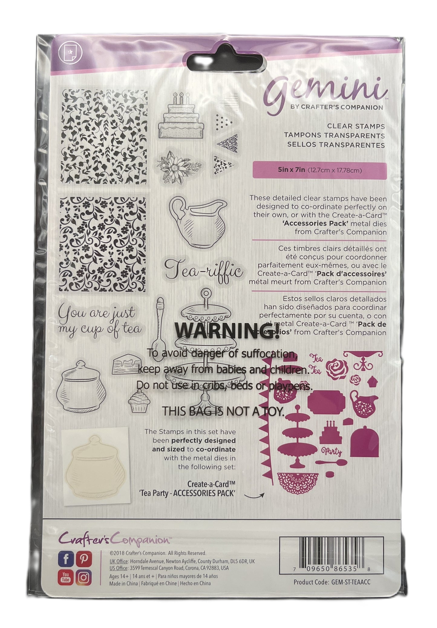 Packaging of Gemini clear stamps by Crafter's Companion with tea-themed designs.