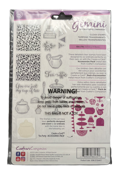 Packaging of Gemini clear stamps by Crafter's Companion with tea-themed designs.