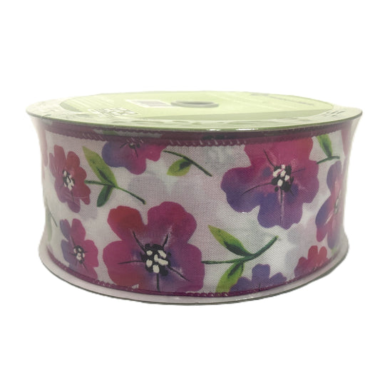 Pansy Pinks Purples Floral - 2.5” x 50 yds - Wire Edged Premium Ribbon