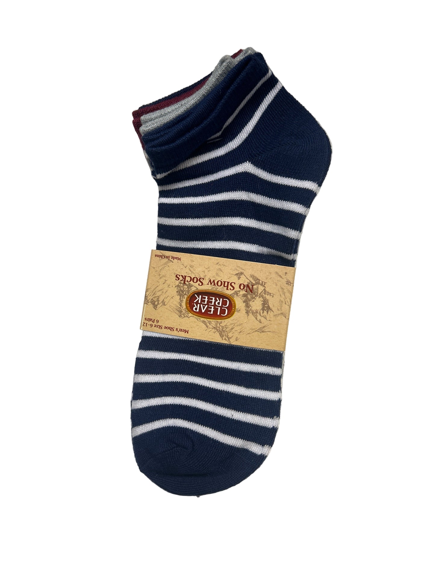 Navy and white striped sock with a brand label on a light gray background