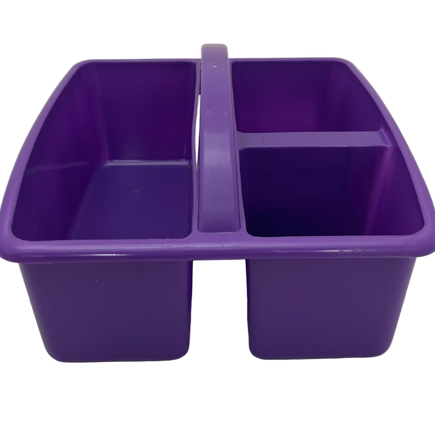 Purple plastic caddy with two compartments and a handle on a white background
