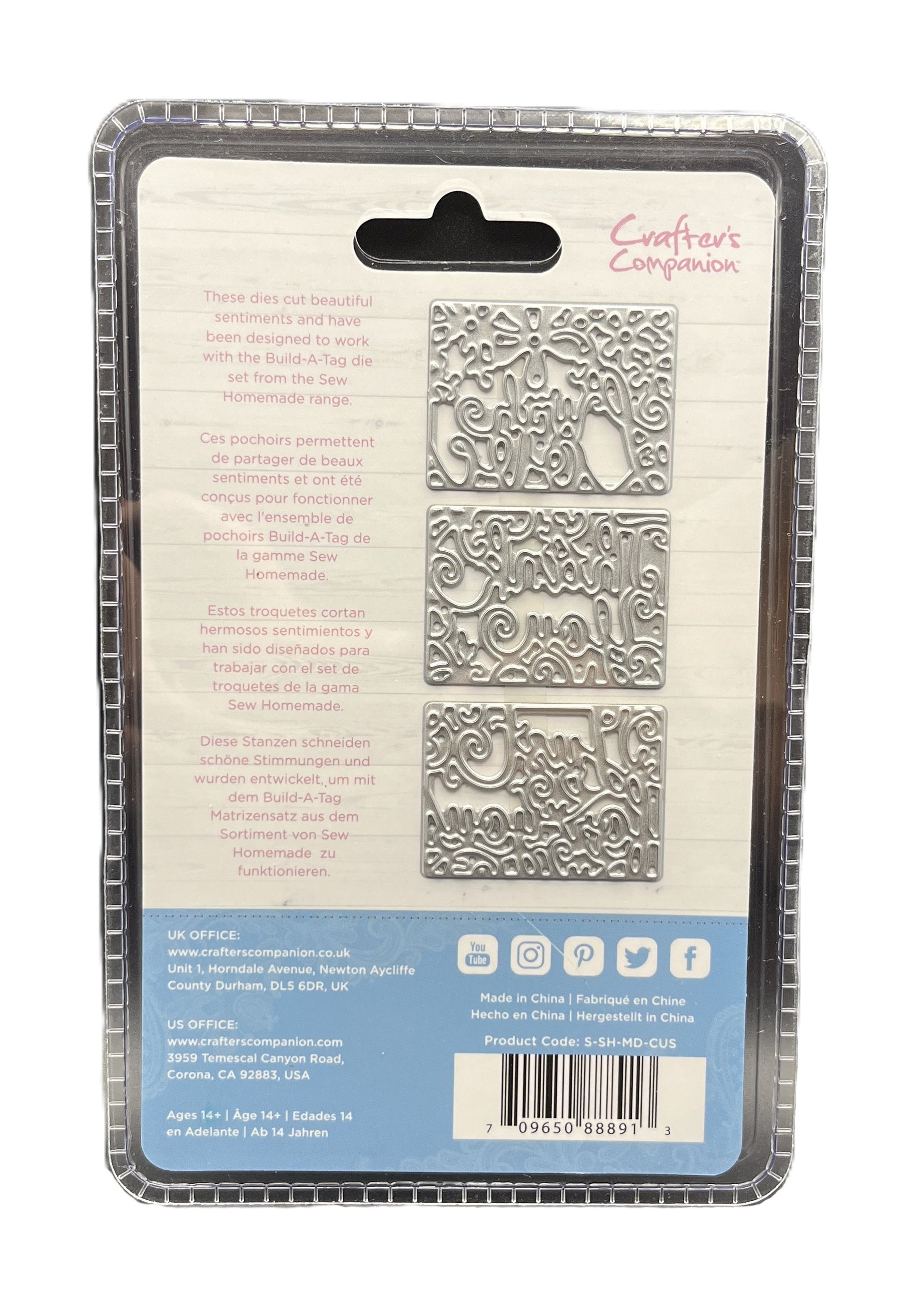 Metal dies on a packaging tray with text and branding