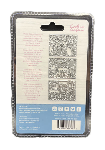 Metal dies on a packaging tray with text and branding