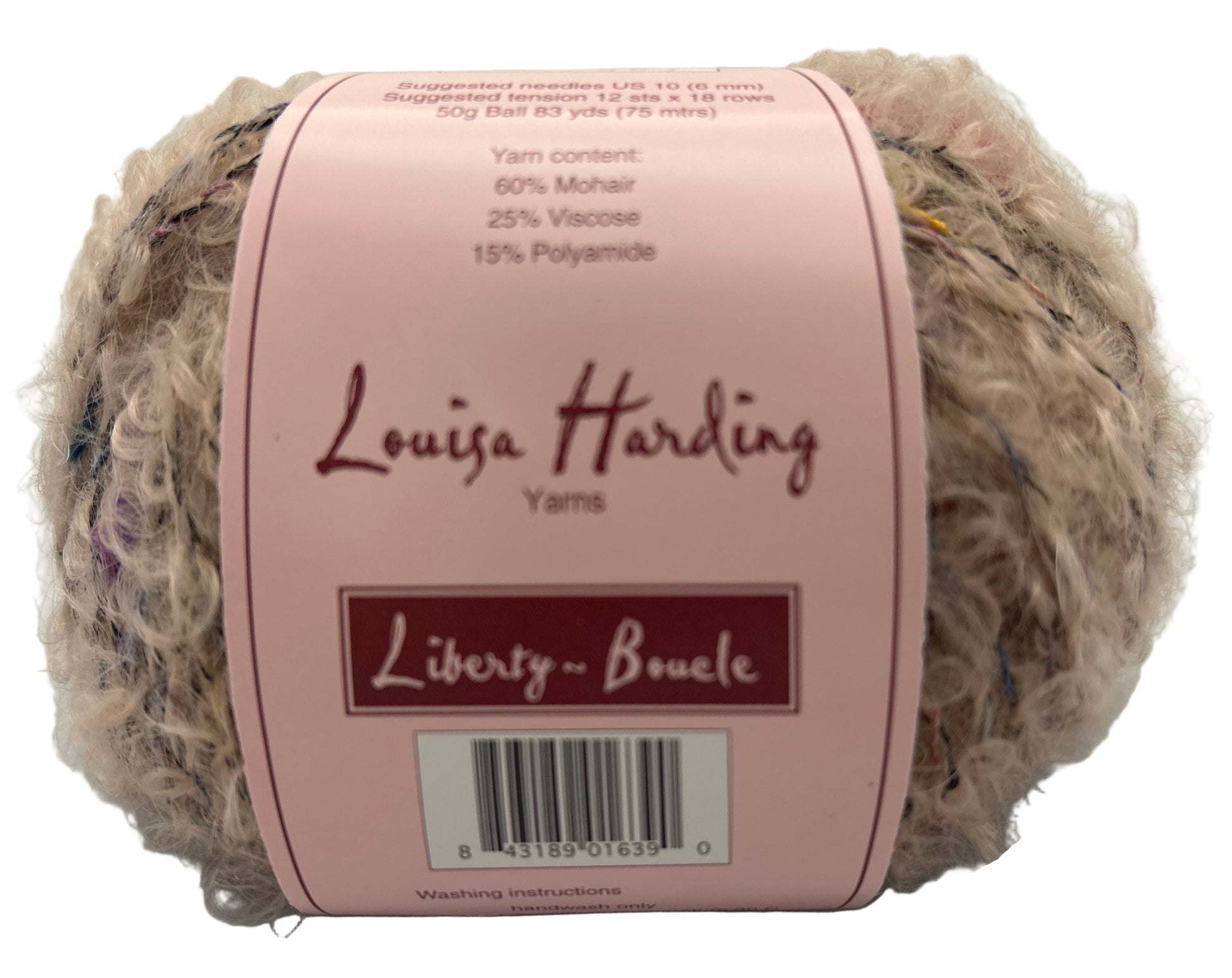Ball of yarn with a pink label featuring 'Louisa Harding Yarns' on a white background