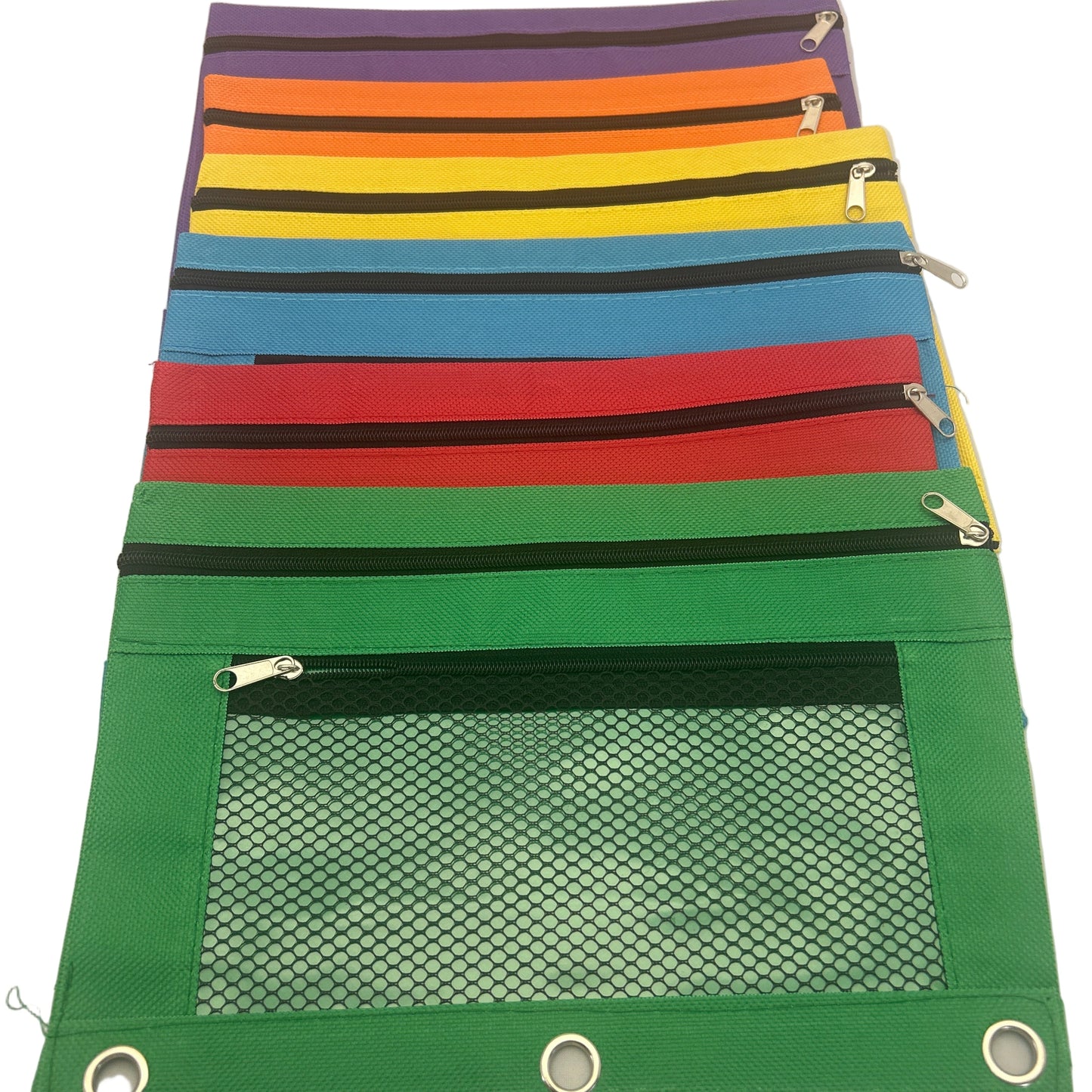 Set of colorful pouches with zippers on a white background