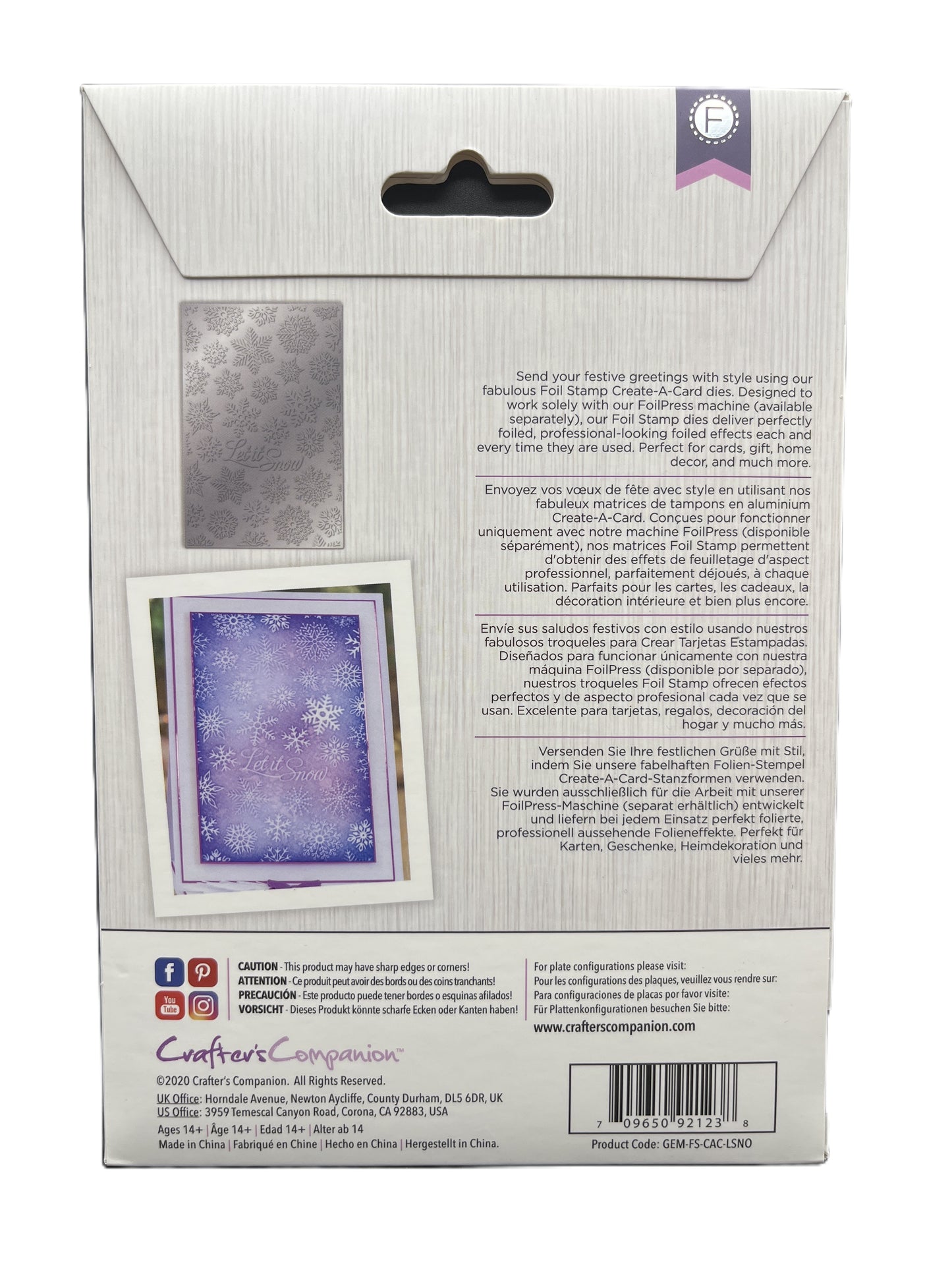 Back of a card packaging with text and a purple card featuring snowflakes.