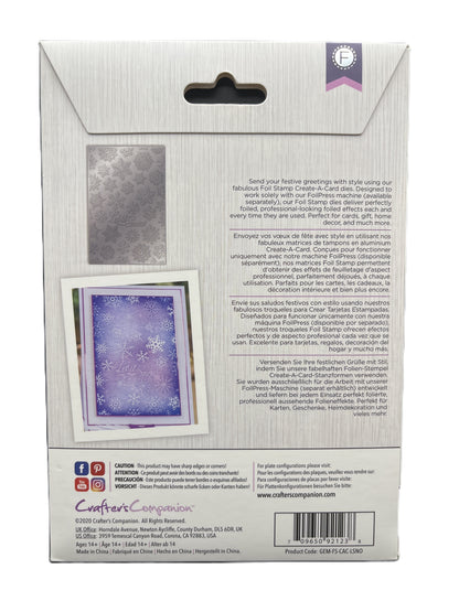 Back of a card packaging with text and a purple card featuring snowflakes.