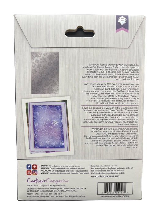 Back of a card packaging with text and a purple card featuring snowflakes.