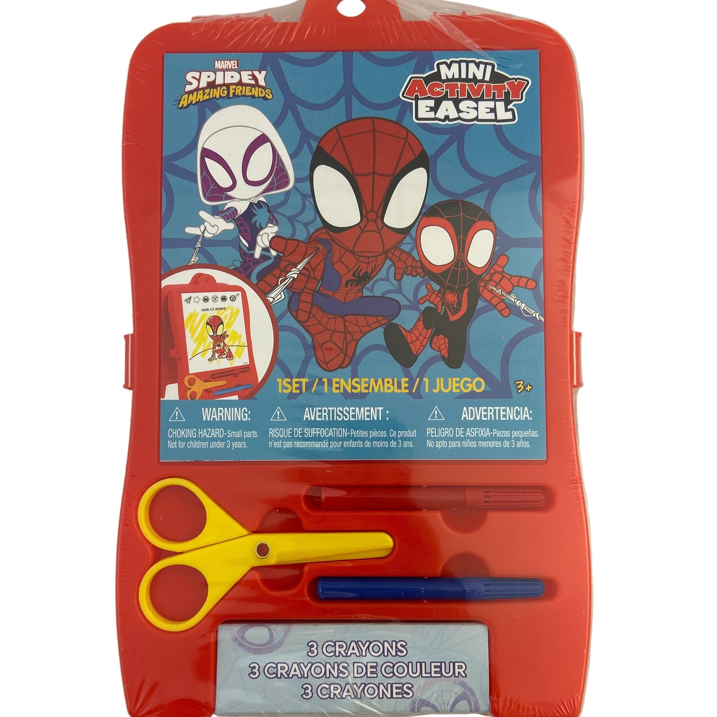 Spider-Man themed mini activity easel set with crayons and scissors on a white background