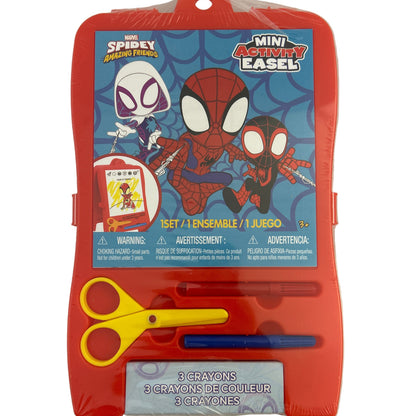 Spider-Man themed mini activity easel set with crayons and scissors on a white background