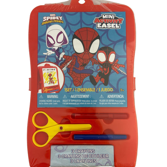Spider-Man themed mini activity easel set with crayons and scissors on a white background