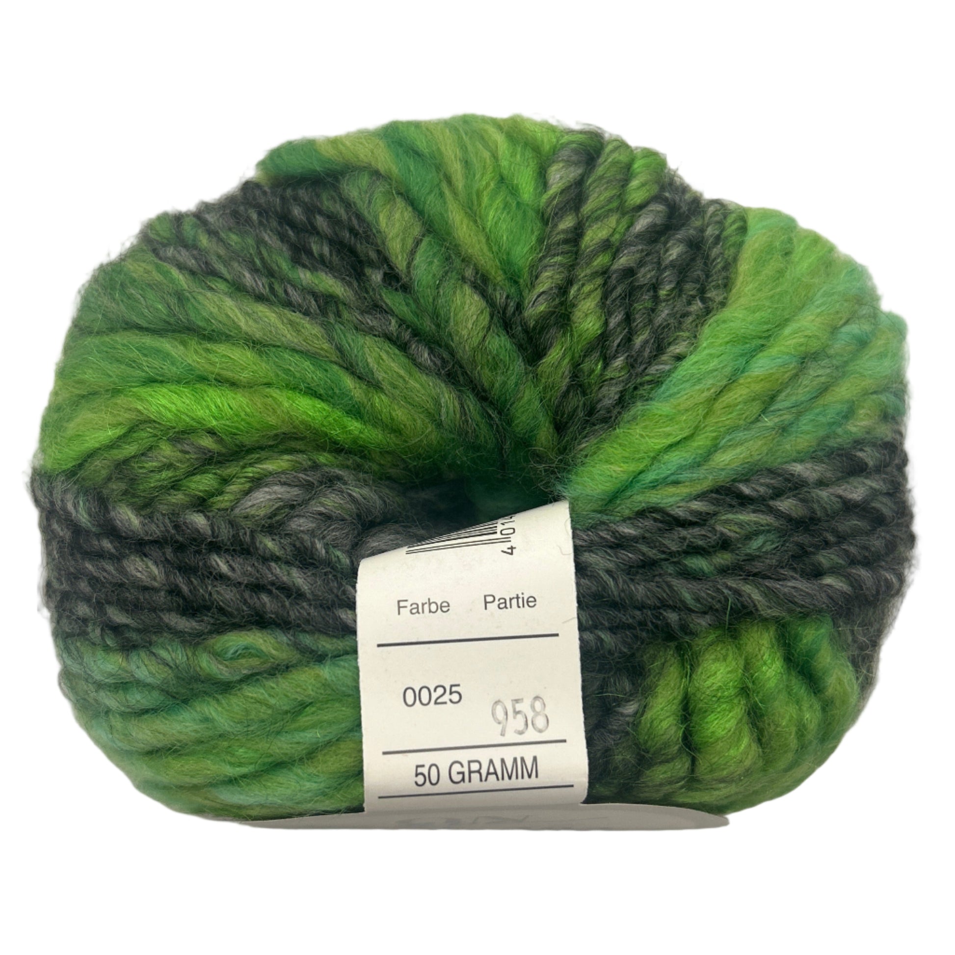 Green and gray skein of yarn with a label on a white background
