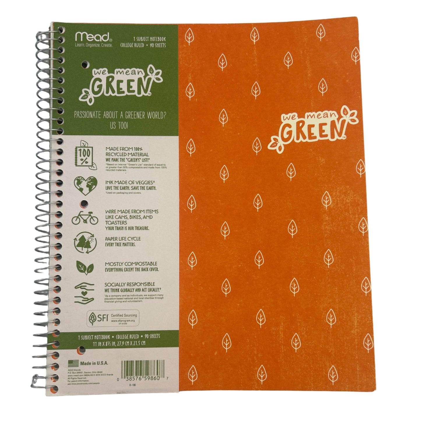 Notebook with green and orange design on a clear background