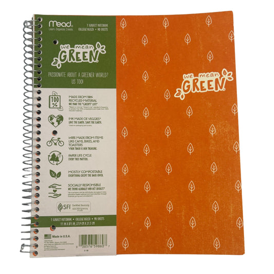 Notebook with green and orange design on a clear background
