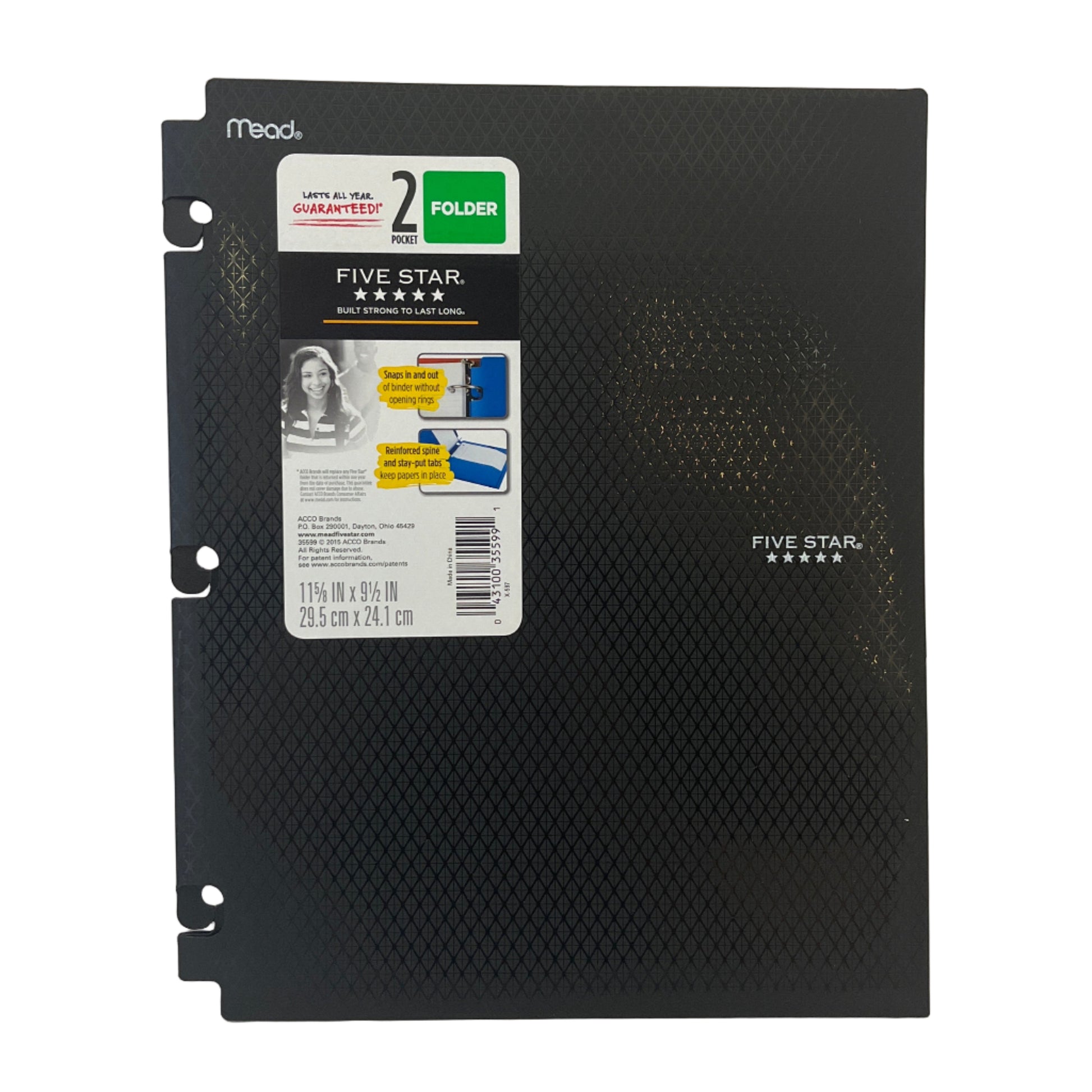 Black notebook with labels on a white background