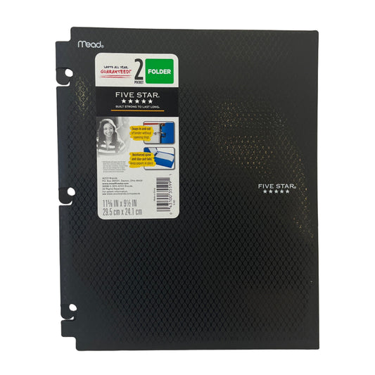 Black notebook with labels on a white background