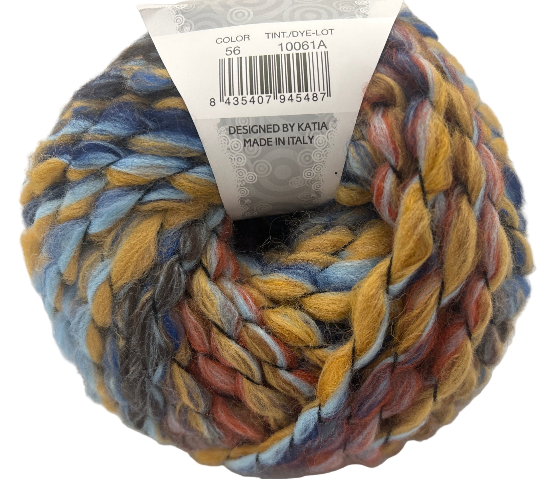 Multicolored skein of yarn with a label on a white background