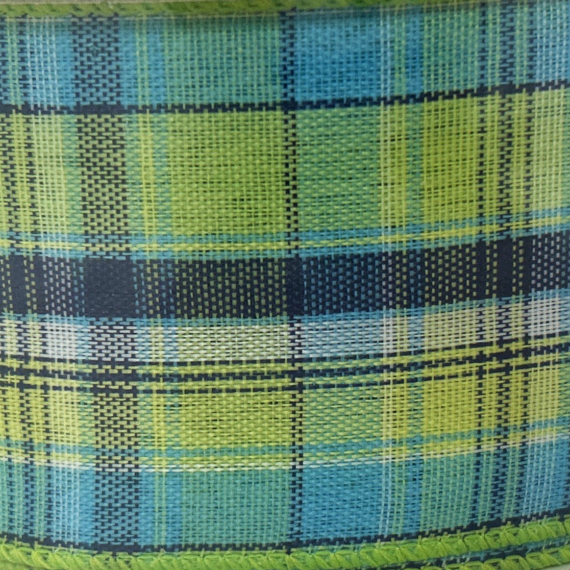 Coastal Plaid Teals & Green - 2.5” x 50 yds - Wire Edged Premium Ribbon