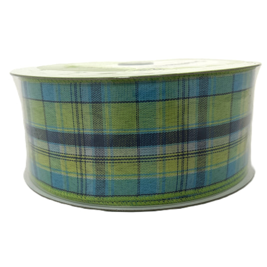 Coastal Plaid Teals & Green - 2.5” x 50 yds - Wire Edged Premium Ribbon