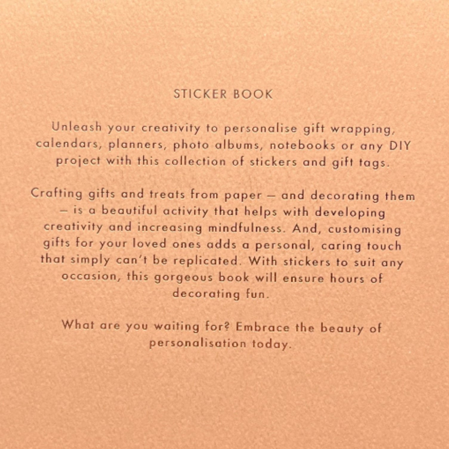 Back cover of a sticker book with text and kikki.K branding on a white background