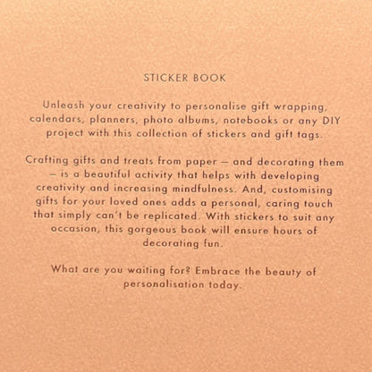 Back cover of a sticker book with text and kikki.K branding on a white background
