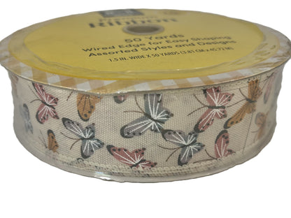 Roll of ribbon with butterfly pattern on a white background