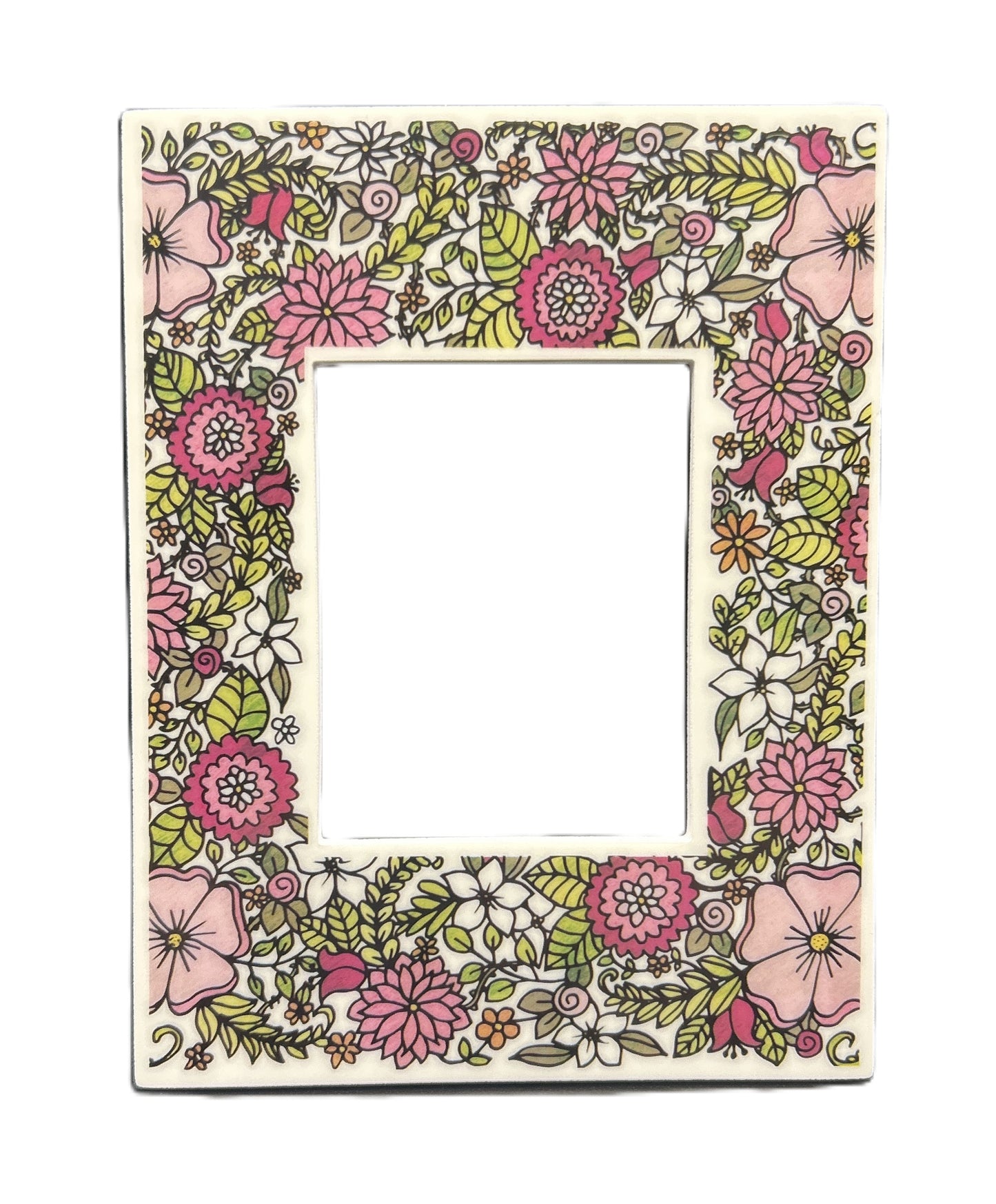Floral patterned frame with pink, green, and white flowers on a white background