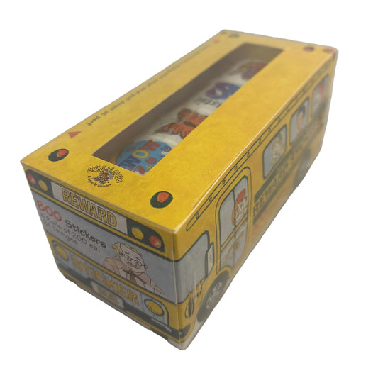 Yellow box with a window displaying colorful items on a white background