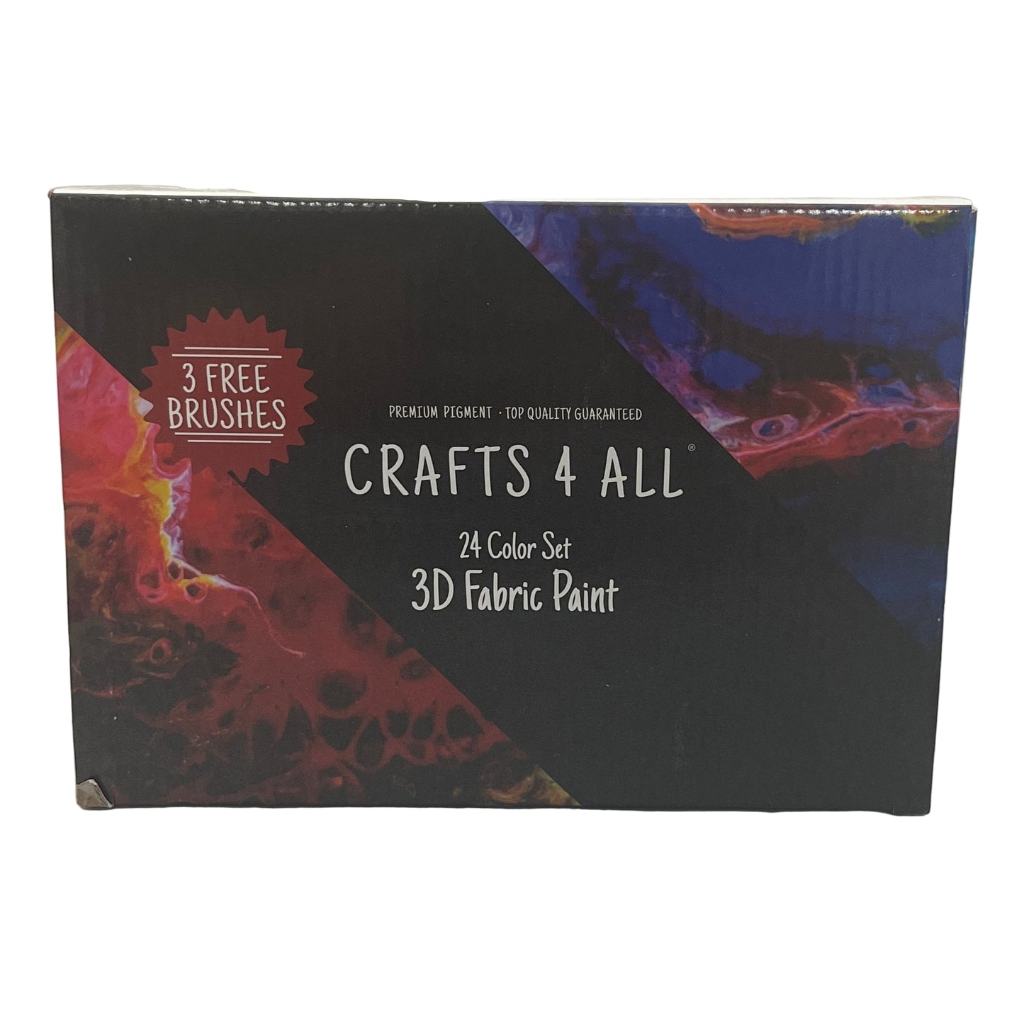 Box of Crafts 4 All 3D Fabric Paint set with colorful design on a white background